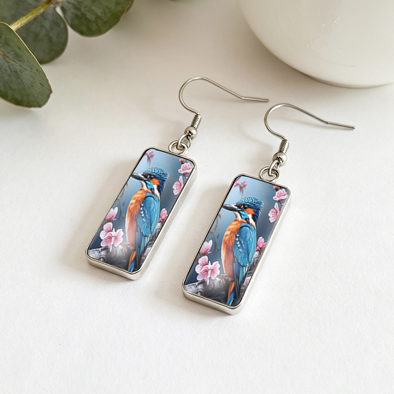 Kingfisher Pink Cherry Blossom Rectangular Glass Cabochon Dangle Earrings